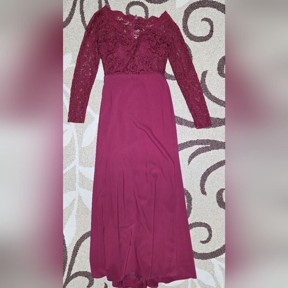 Dessy Collection Wine Lace Long Sleeve Dress